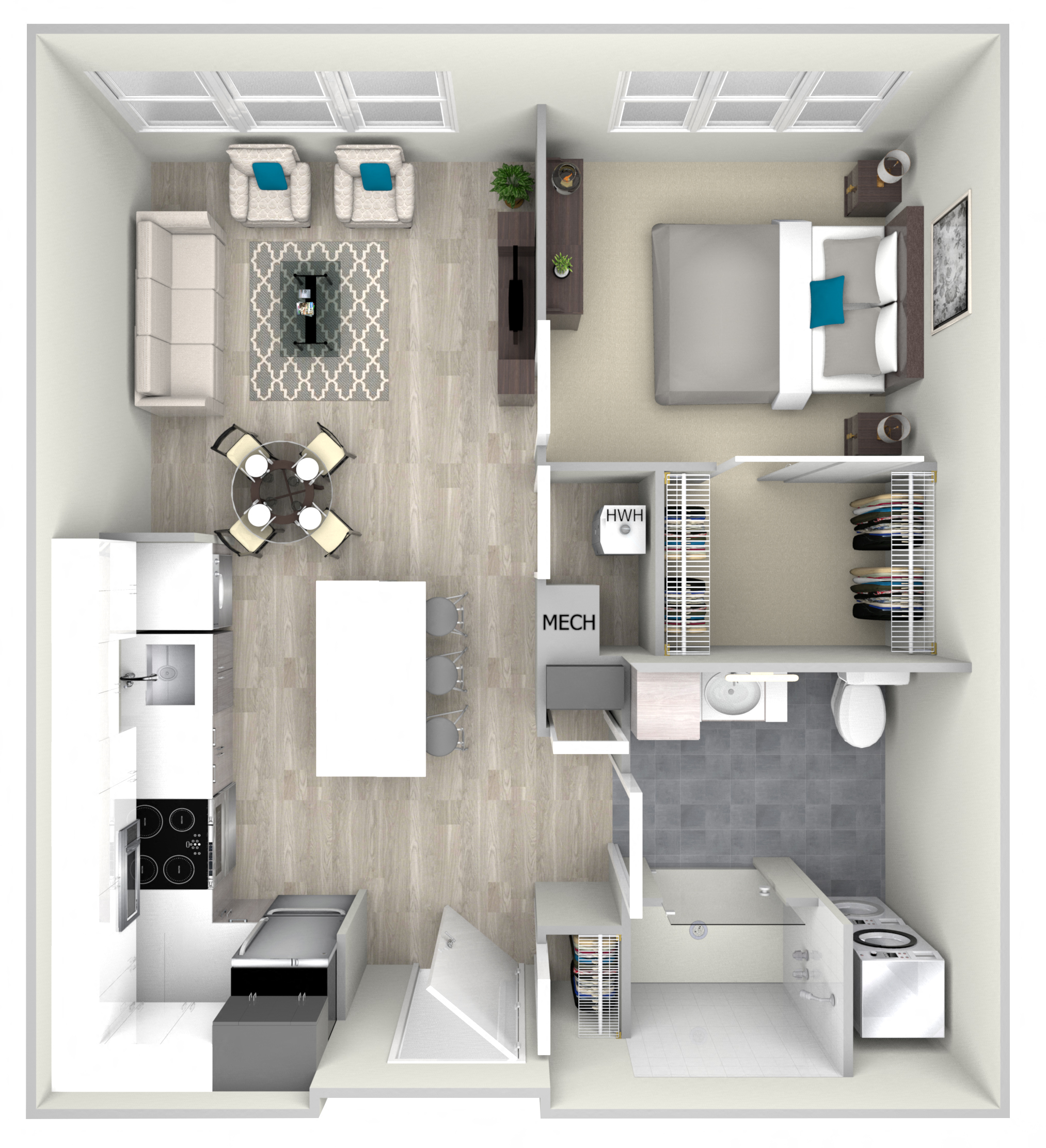 Floor plan for 1 bed, 1 bath, 698 sqft